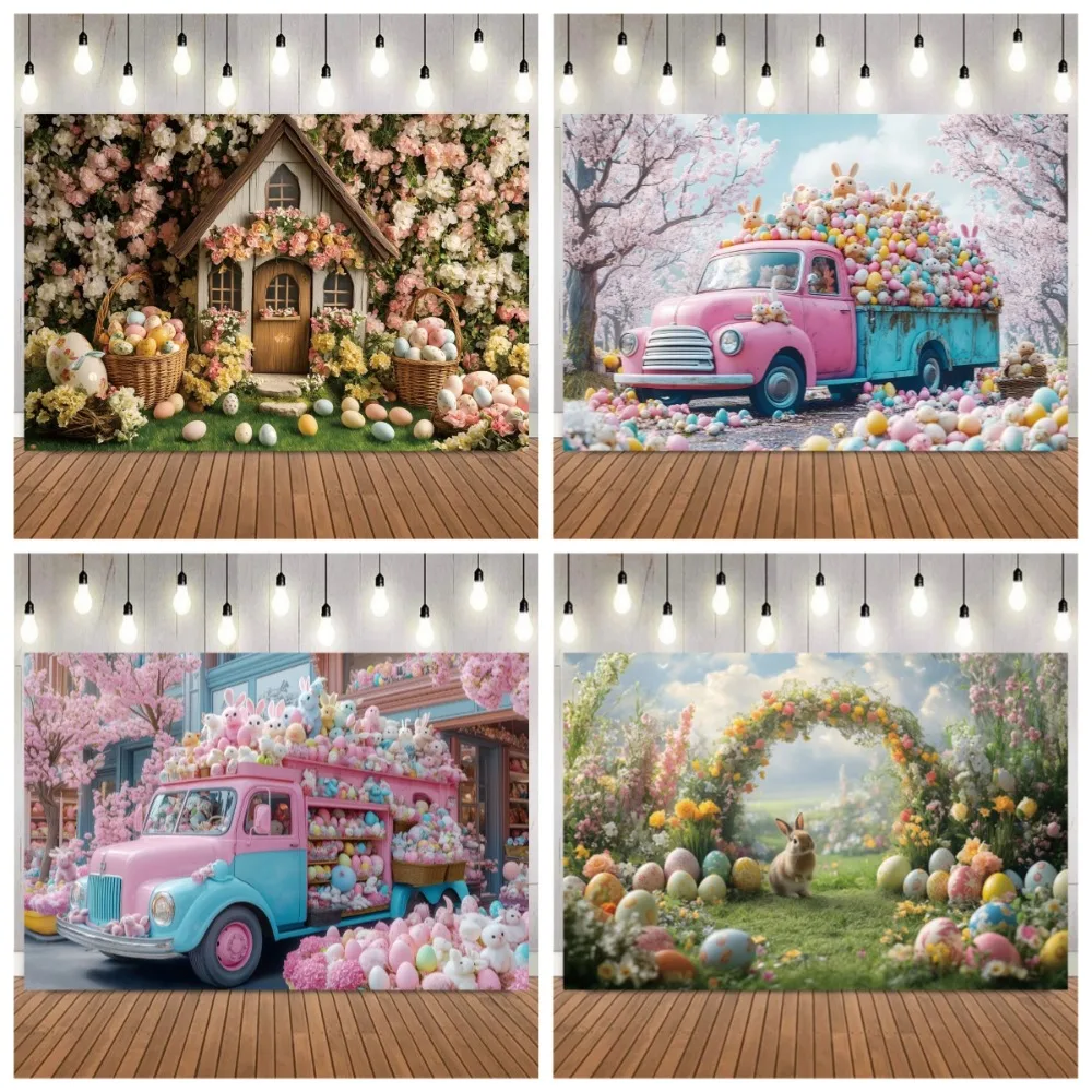 

Spring Pink Cherry Blossom Path Banner Backdrop, Easter Egg Family Portrait Birthday Party Home Decoration Photography Backdrop