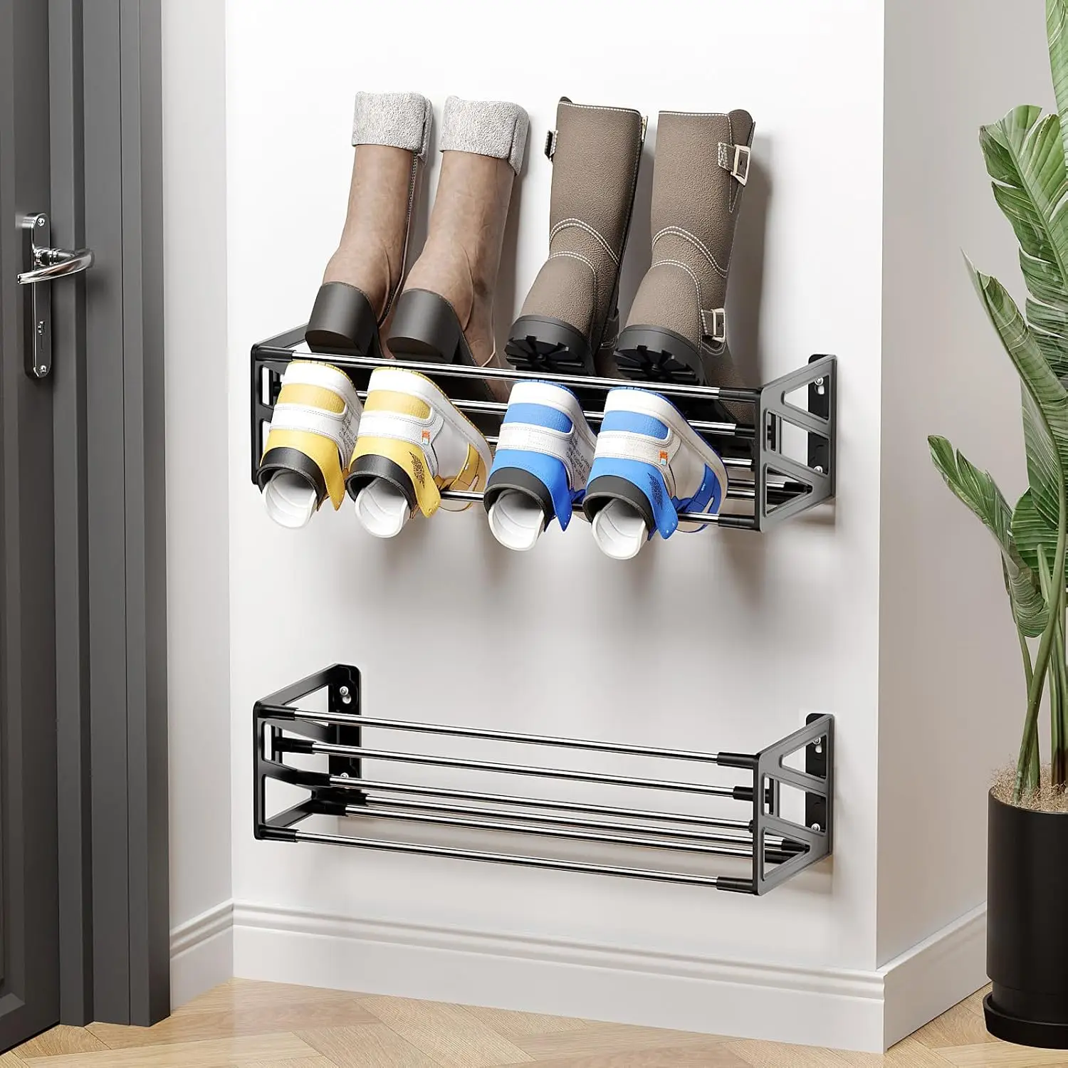 

2 Pack Wall Shoe Rack,Hanging Shoe Storage Holds 8 Pairs of Shoes Over The Door Wall Mounted Shoe Organizer Space Saving