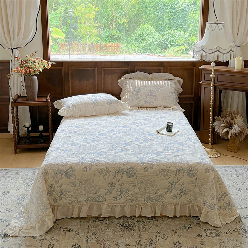 Cotton Linen Blend Quilted Bed Cover Set, Flowers Embroidery Bedspread Set, Lace Trim Coverlet, All Season With Pillowcases 3Pc