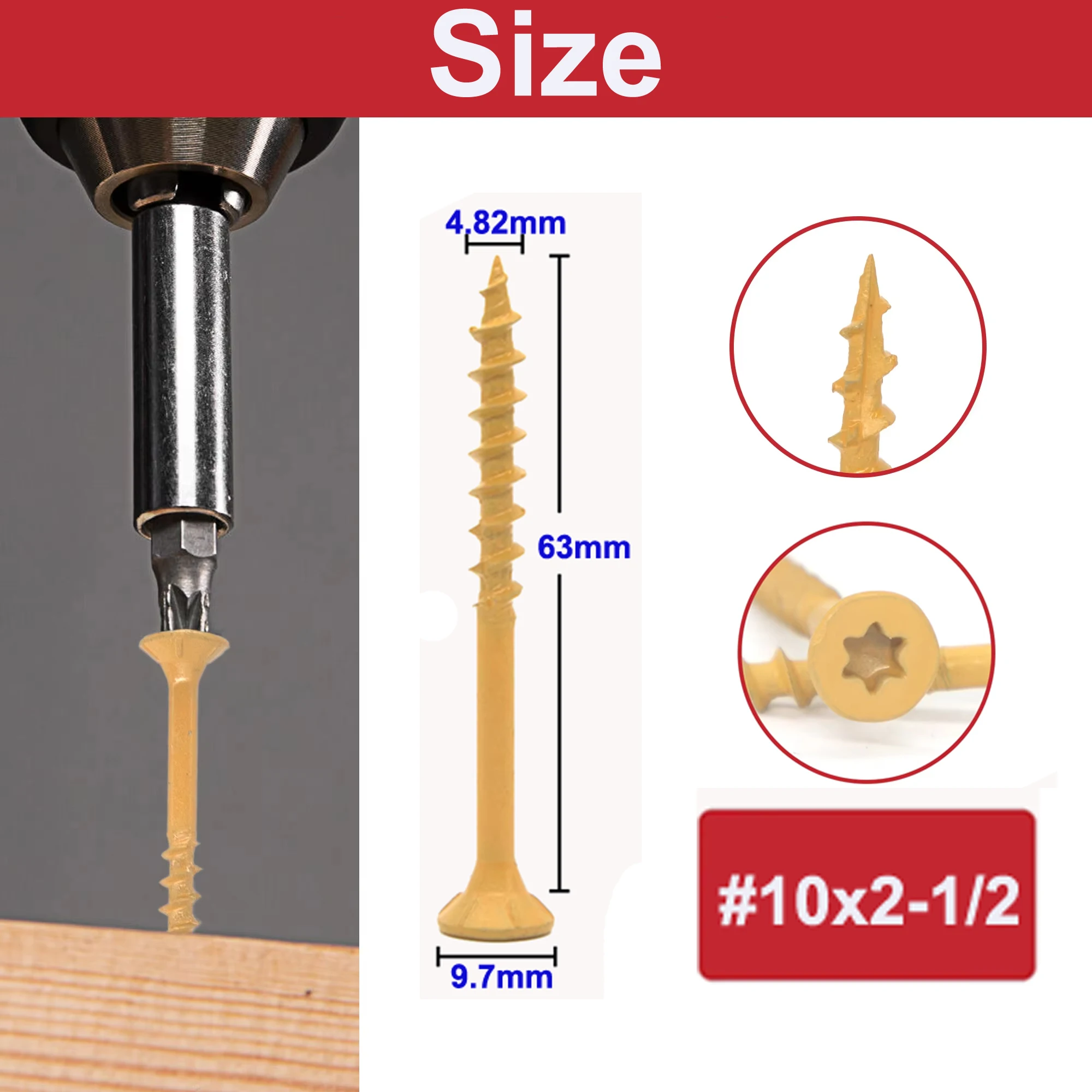 Weiyi 50/100 Stück Sechskant-Torx-Deckschrauben # 8 # 10 flache, rostbeständige, epoxidbeschichtete, selbstschneidende Holzbolzen in Bronze und Schwarz – Detail 9