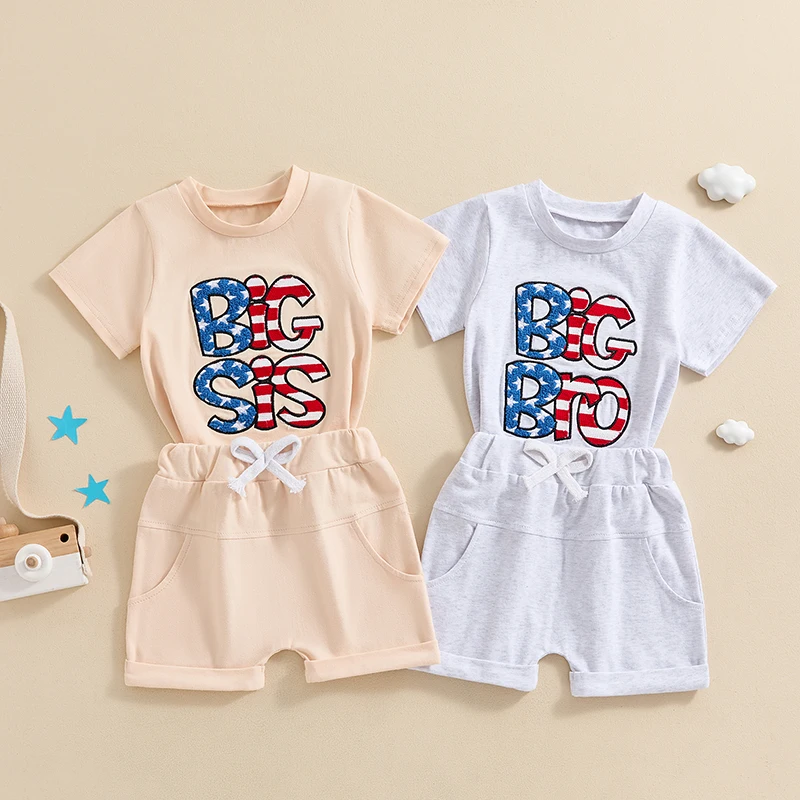 

Mubineo Kids Summer Outfit Short Sleeve Crew Neck Chic Embroidery Letters T-shirt with Shorts 4th of July Clothing for Girl Boy