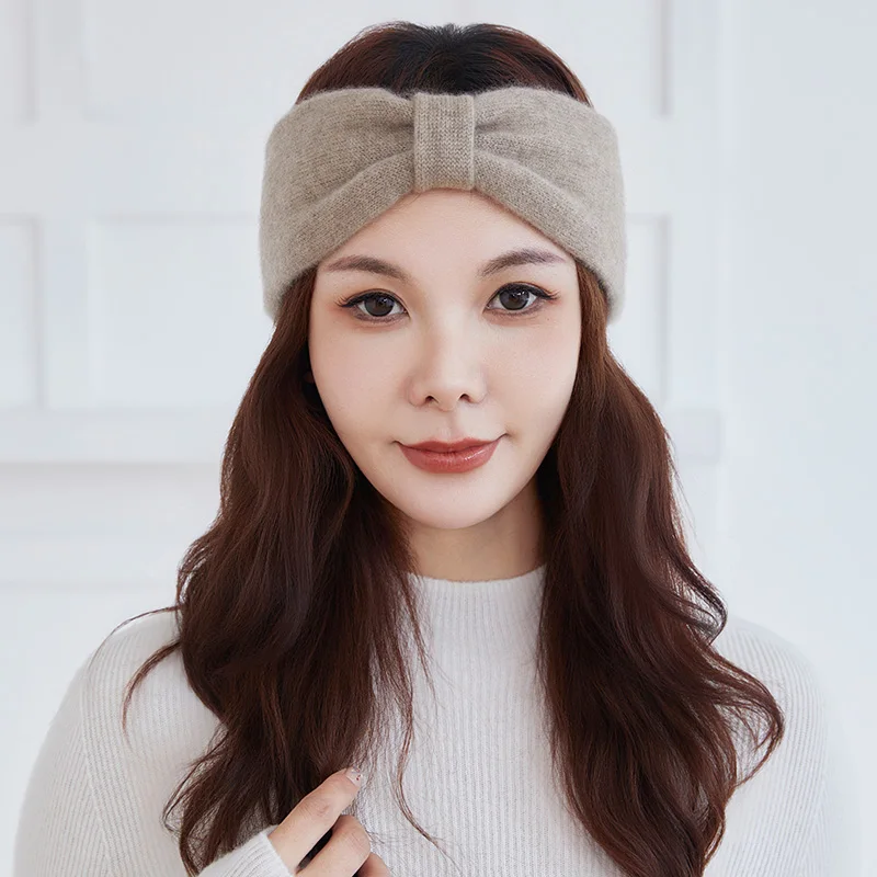 100% Pure Cashmere Woman Solid Color Knitted Headband Fashionable Knotted Headband Versatile Cashmere Headscarf