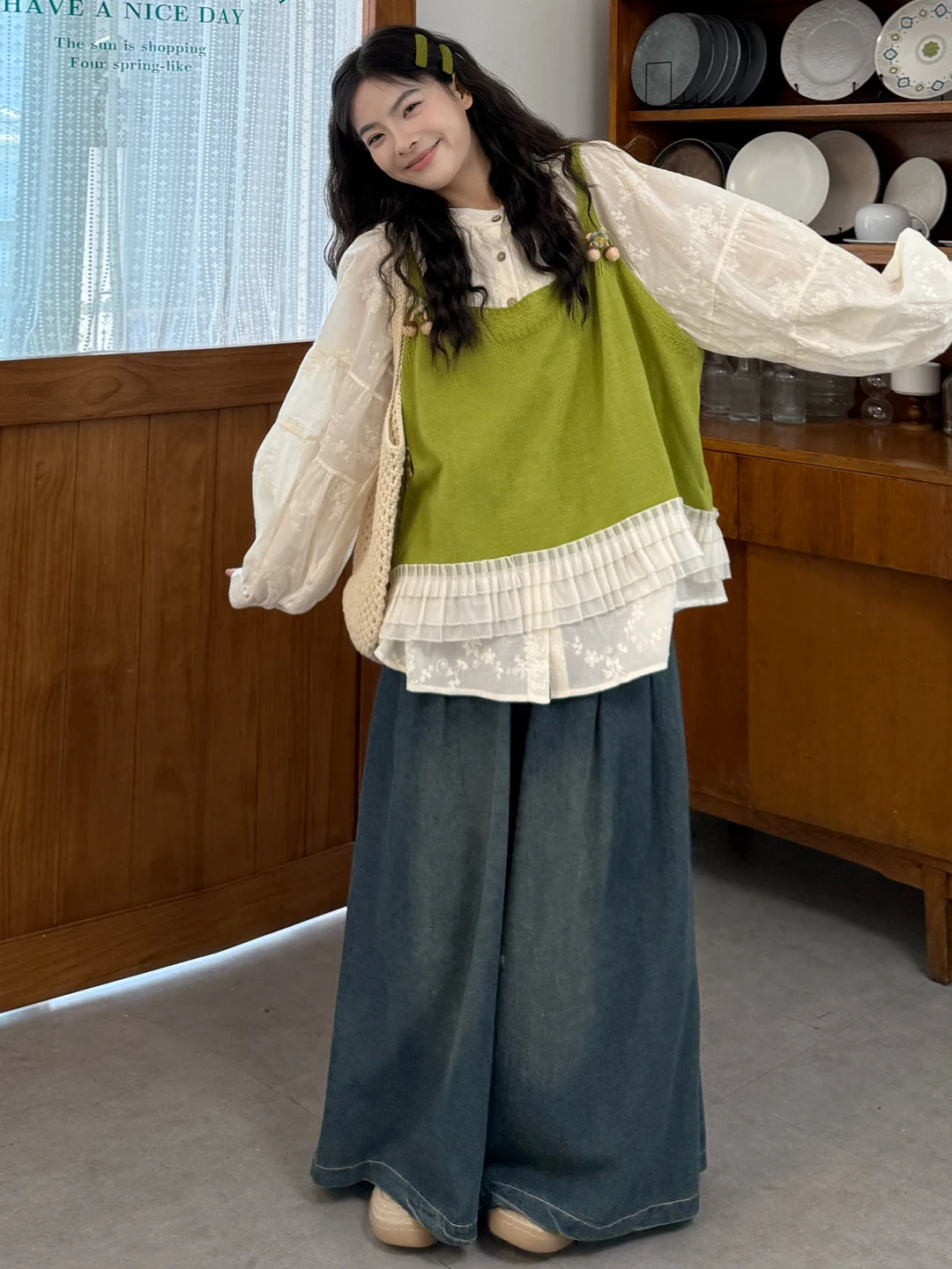 

Комплект женской одежды больших размеров для весны: джинсовый топ с вышивкой, широкие брюки, комбинированный стиль, повседневный, с высокой талией, длинный рукав