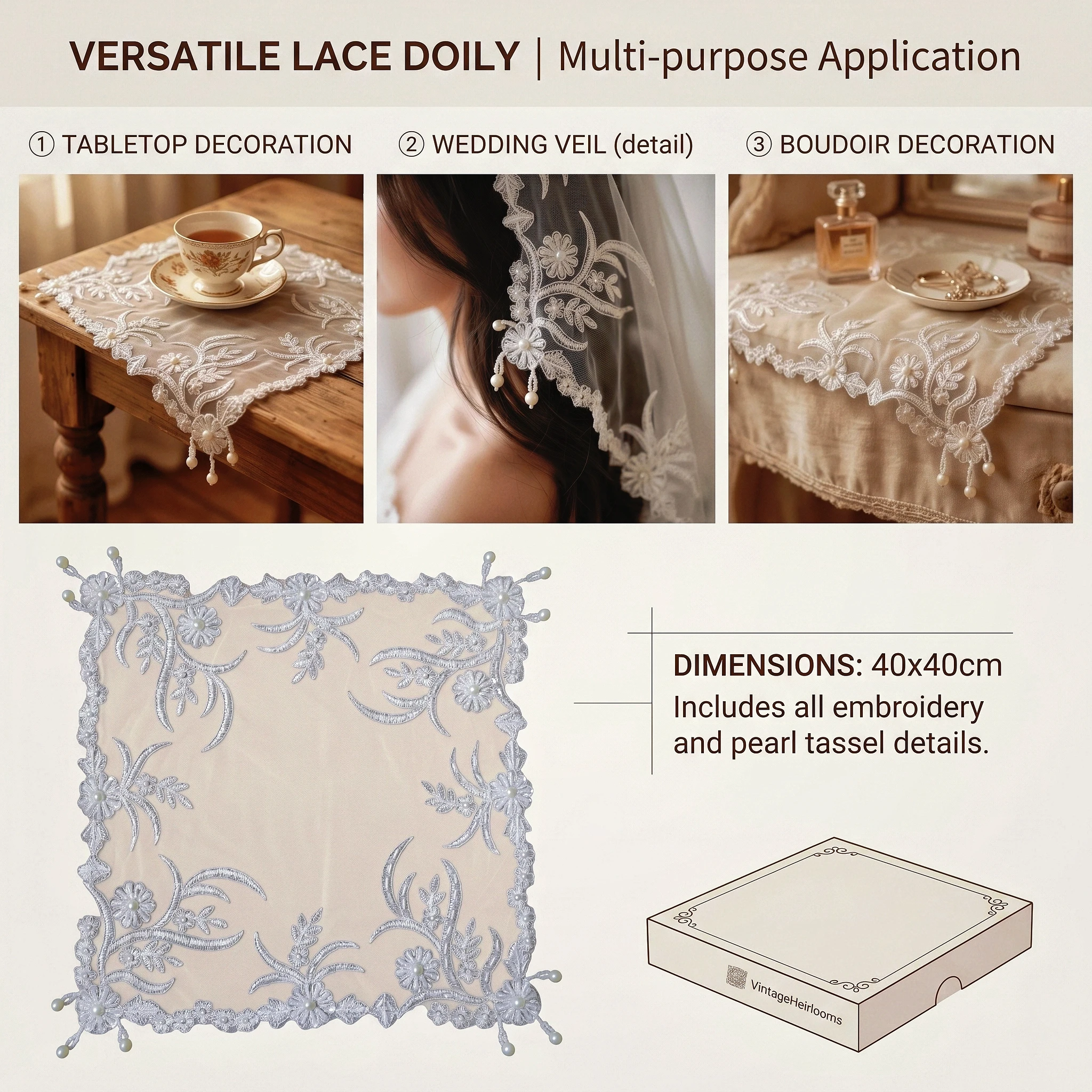 Set Of 4pcs Elegant Embroidery Breakfast Placemats White Lace Wedding Napkins Pearl Decoration Multifunctional Cover Cloth view 4