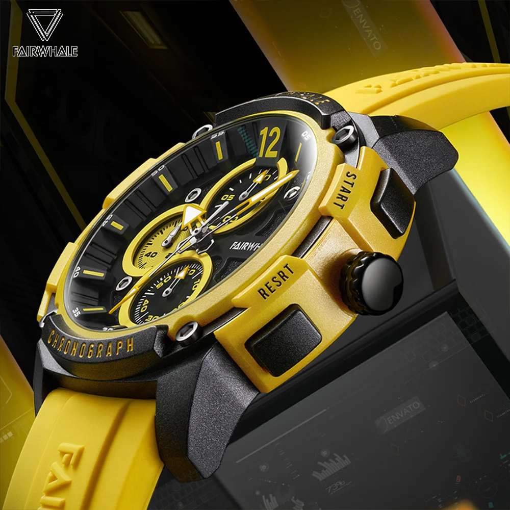 FAIRWHALE Quartz Watches for Men 4360 Fashion Yellow Auto Date Chronograph Waterproof Sport Silicone Strap Mens Watch Gift Box