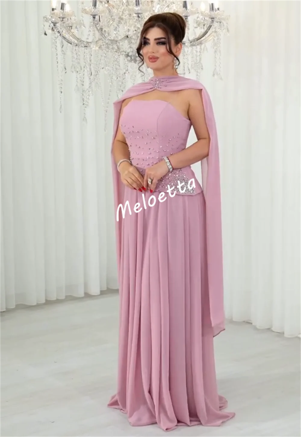 Customized Chiffon Pleat Rhinestone Evening Dress Shawl Wedding Bespoke Occasion A-line Long Dresses Prom Elegant Party