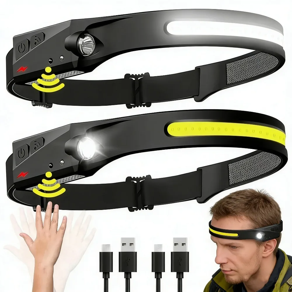 Powerful LED COB Sensor Headlamps Rechargeable with Built-in Battery 6 Lighting Modes Outdoor Fishing Camping Search Headlight