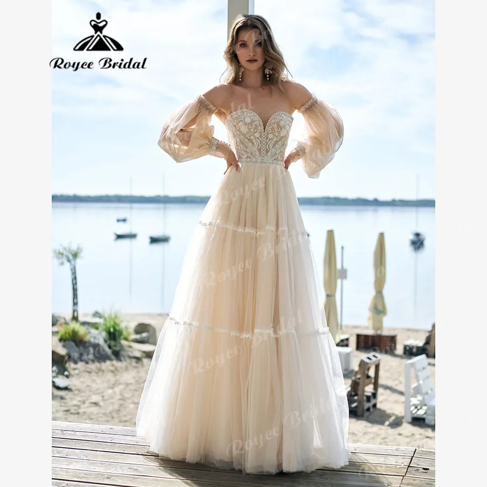 Elegant Boho Lace Off Shoulder Wedding Party Dress for Women 2025 Bridal Dinner Gown with Remove Puff Sleeve vestidos de fiesta