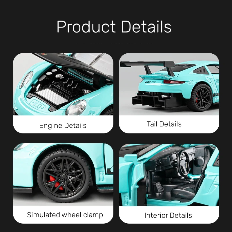1:32 Porsche 911 GT3 RS Alloy Toy Car Model Children Miniature Racing Car Pull Back Sound&Light Diecast Metal Collection Gift 