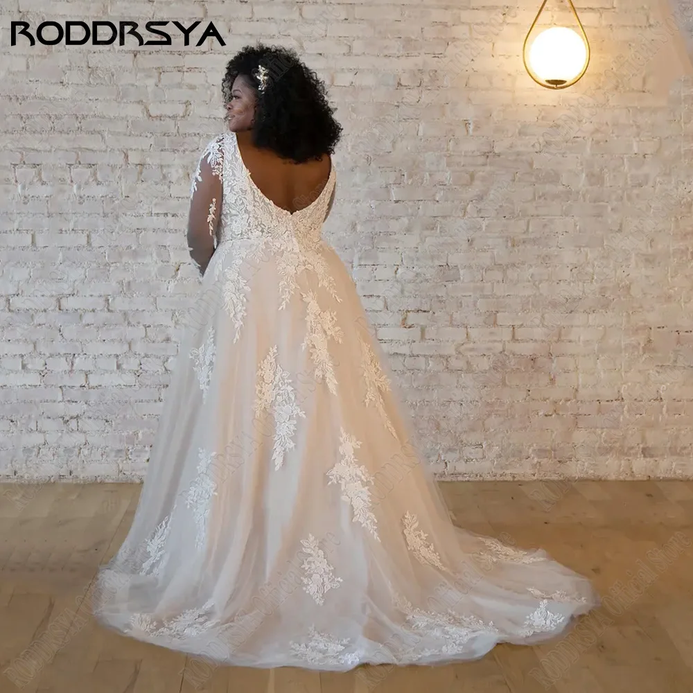 Vestido de novia elegante roddrsya vestido de novia de manga larga con cuello eRODDRSYA-vestido de novia elegante de manga larga con cuello en V, vestidos de novia sin espalda, apliques de encaje, línea A, talla grande