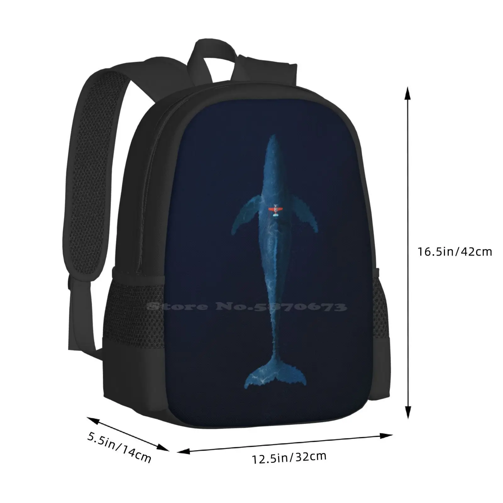 Small Plane , Big Adventures Teen College Student Backpack Pattern Design Bags Whale Adventure Sea Nature Plain Blue Fish