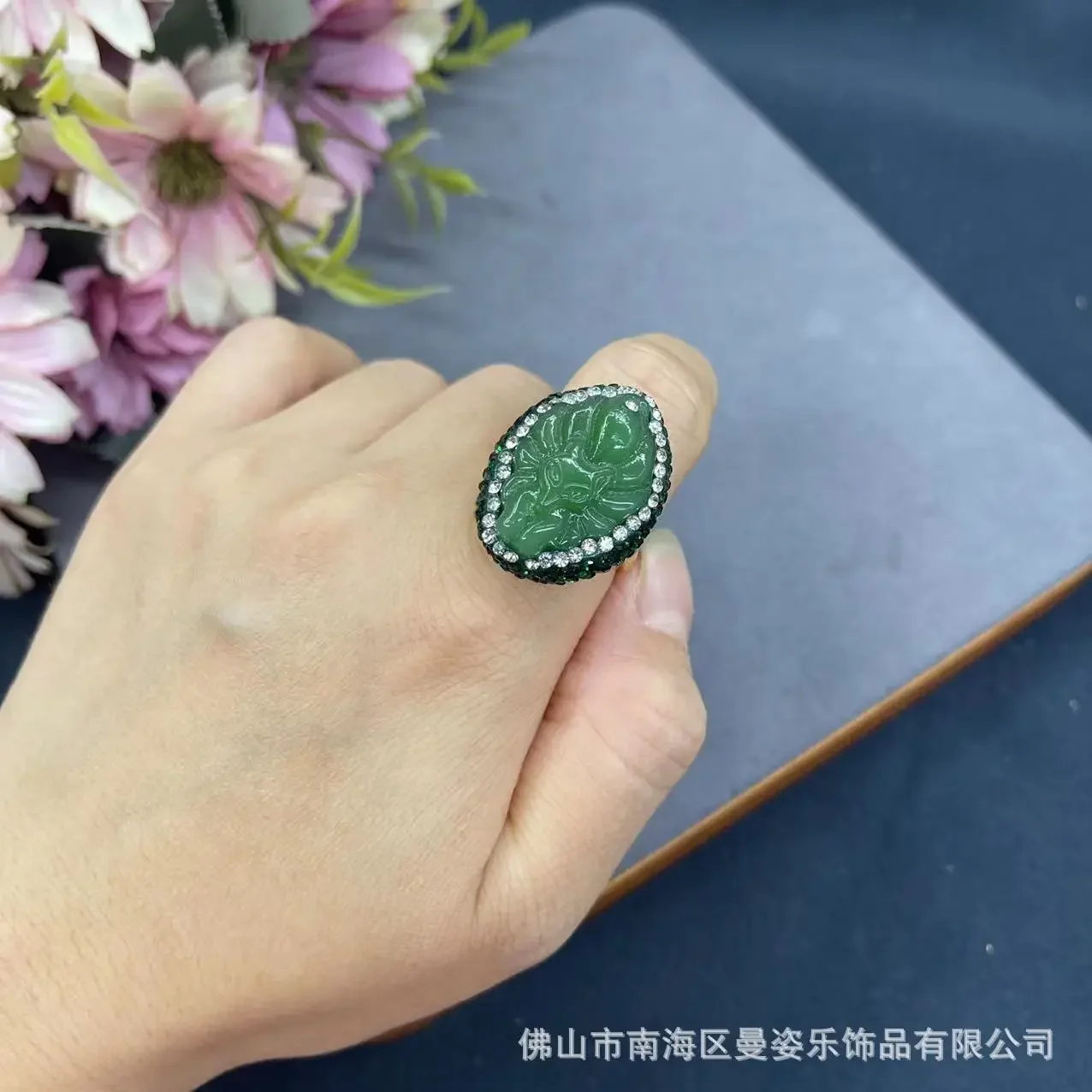 New green Dongling color glazed nine-tailed fox live adjustable ring original design star bright point diamond process