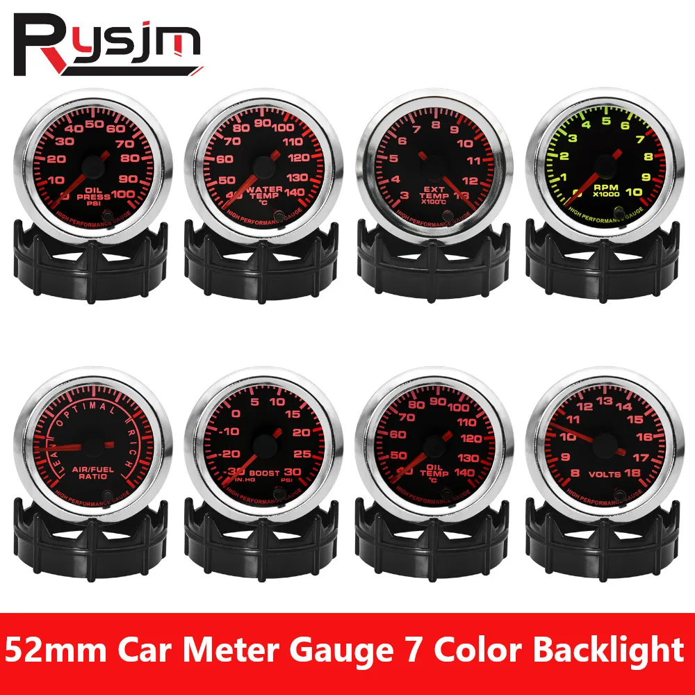 

52MM Car Meter 7 Color Backlight Boost Gauge Tachometer PRM Oil Press Air Fuel Ratio EGT Gauge Water Temp Oil Temp Volts For 12V
