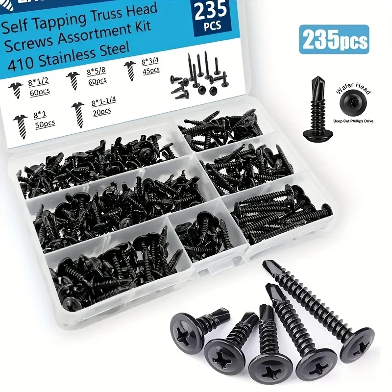 # 8 tornillos autorroscantes de cabeza de armadura modificada, kit surtido de acero inoxidable 410 de óxido negro, tornillo TEK autoperforante