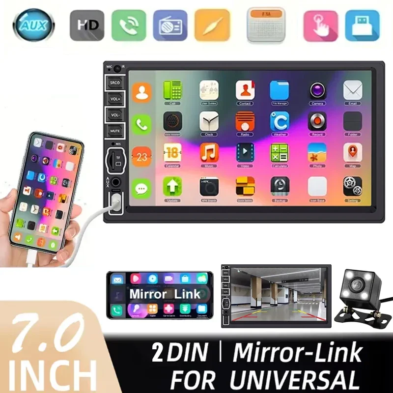 

7-дюймовый HD двойной Din автомобильный стерео радио MP5 плеер с 4 светодиодами камеры заднего вида Поддержка зеркального звена B-T Сенсорный экран USB TF FM AUX