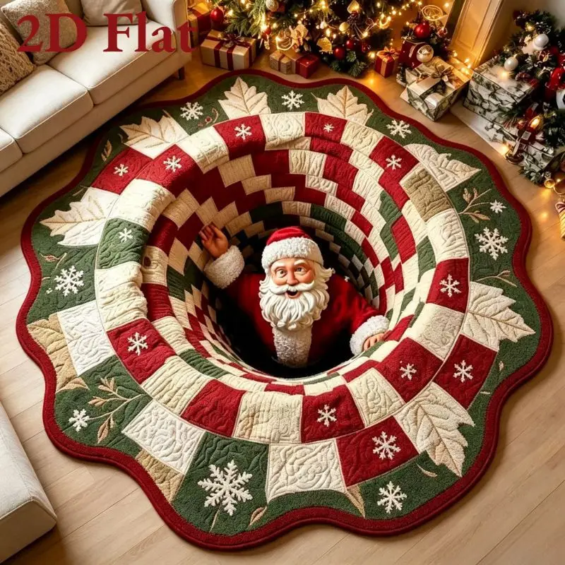 VIKAMA 3D Santa Chimney Round Rug Quilted Print Circular Mat Non Slip For Living Room Bedroom Christmas Illusion Home Decor