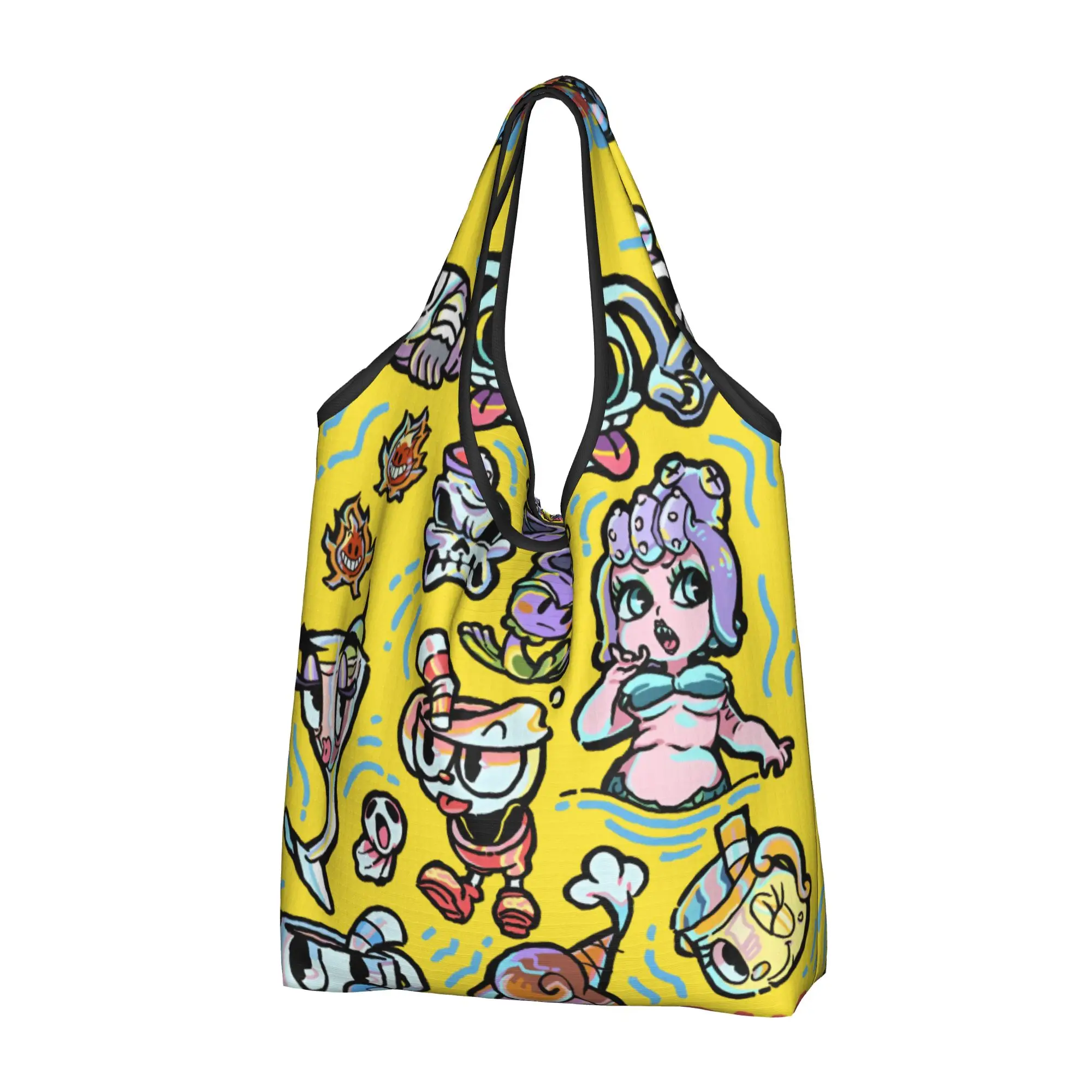 Custom Classic Animes C-Cupheades Shopping Bags Women Portable Large Capacity Grocery Comic Tote Shopper Bags