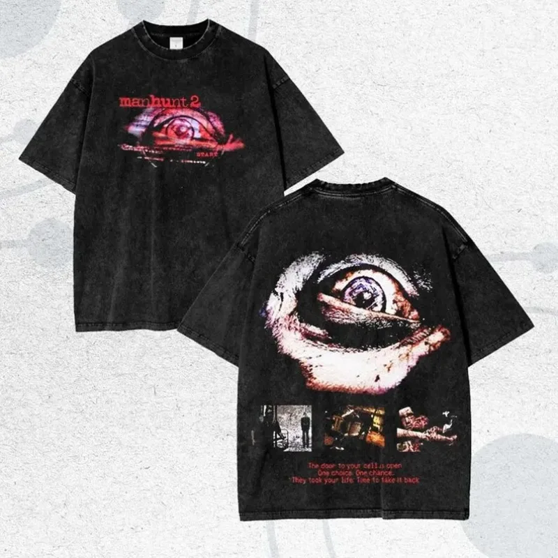 Horror Game Manhunt 2 Washed Tshirt Personality Clothes Suitable for All Seasons Plus Size Unisex Streetwear High Quality Soft
