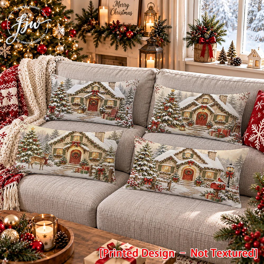 4pc Christmas Vintage Winter Cottage Lumbar Pillow Covers Rustic Holiday Decor Throw Pillow Cases
