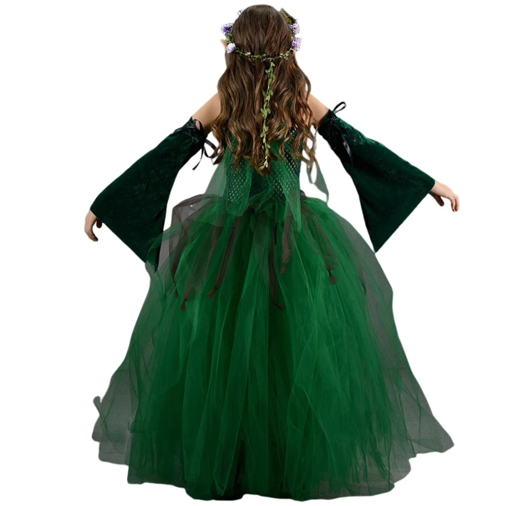 Kids Girls Forest Elf Cosplay Tutu Green Dress Costume Role Play Dance Skirts Stage Performence Elf Ear Outfits Halloween Suit