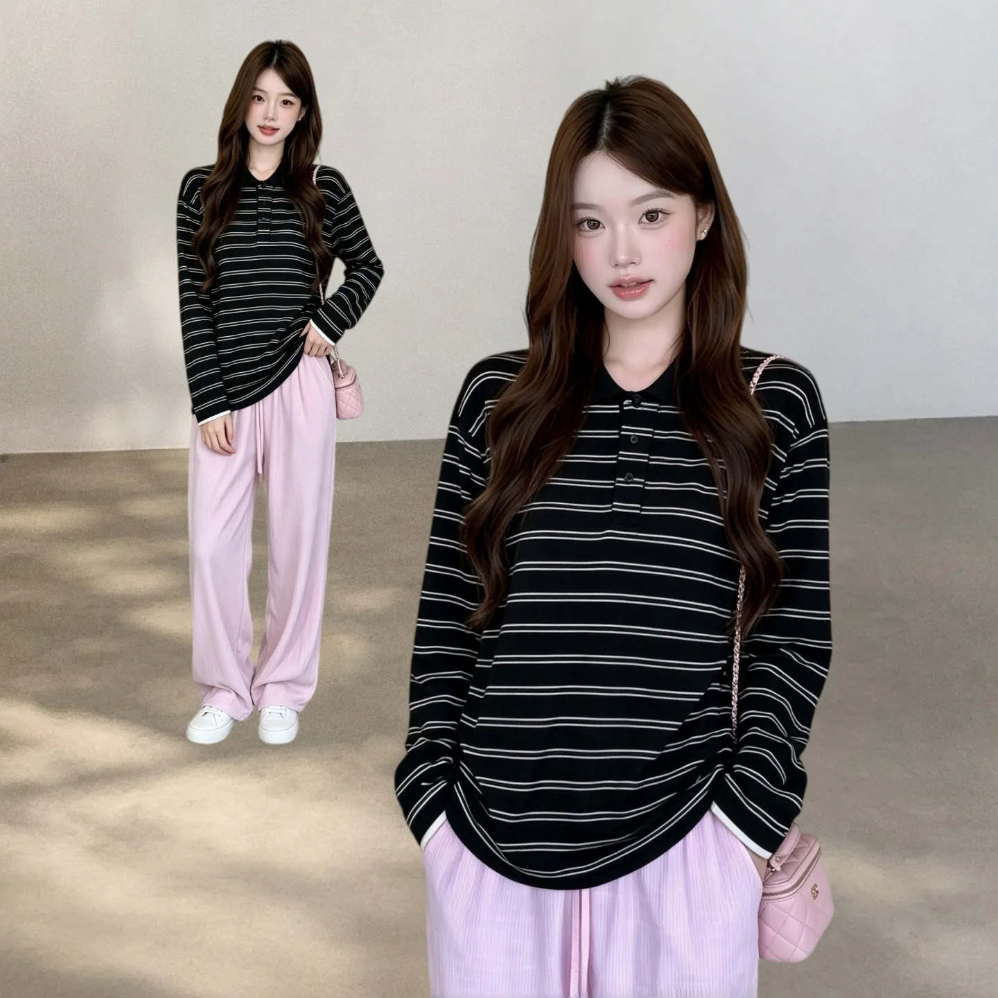 Women Contrast Color Striped Polo Collar Long Sleeve T Shirt Vintage Lazy Style Casual Tops 2026 New Autumn Fashion Design