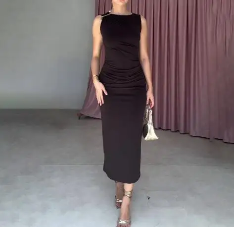 

Elegant Women's Dress 2025 Spring and Summer New Solid Color Temperament Sleeveless Round Neck Hip Hugging Slim Fit Dress