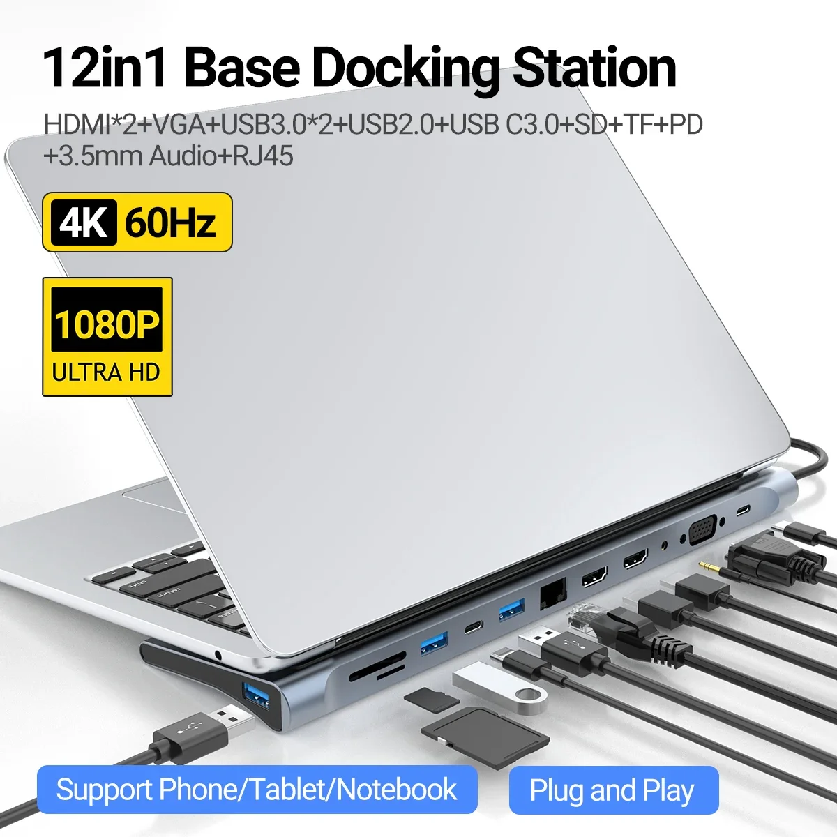 

12 in 1 USB-C Docking Station Triple Monitor with HDMI-compatible1.4*2+VGA+USB3.0/2.0+RJ45 100M+SD/TF+PD+TYPE C for Mac Pro/Air