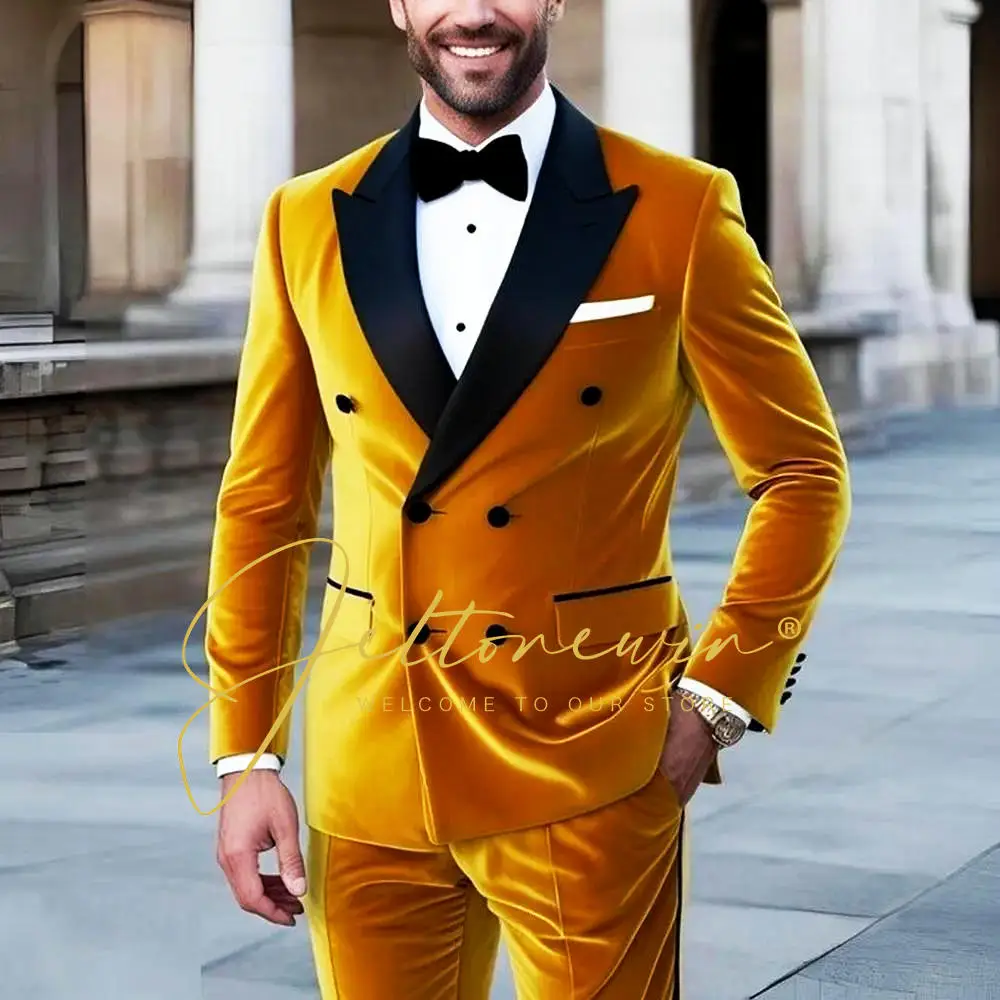 

Fashion Suits For Men Double Breasted Gold Velvet Coat Pants 2 Pcs Groom Wedding Tuxedos Blazer Party Prom Male Costume Homme