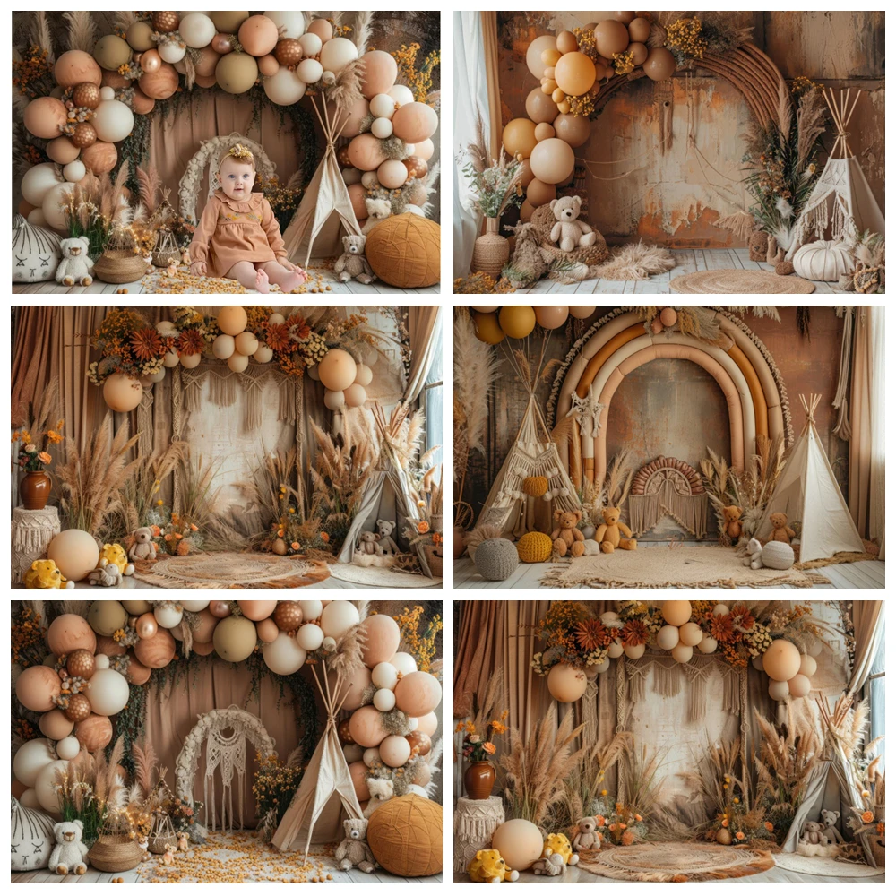 

Brown Balloons Boho Photography Backdrop Pampas Grass Tent Bohemia Baby Shower Birthday Party Cake Smash Photo Background Decor