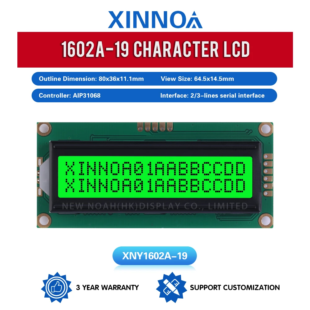 Green Light Black Letters 1602A-19 Character LCD Module 02*16 LCD 6 PIN 80*36*11.1Mm Backlit LCD Screen