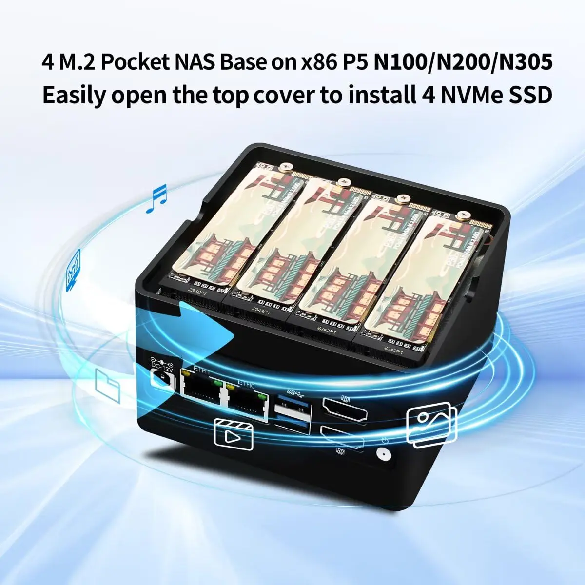 

MNBOXCONET Mini PC NAS N100, 4 NVME NAS Small PC, Dual 2.5GbE LAN Micro-computers 2HD 4K @ 60HZ, Supports Expansion WiFi/BT
