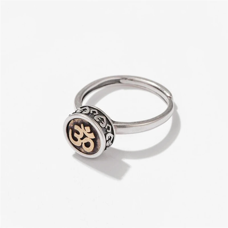 Retro Buddhism Mantra Sanskrit 925 Sterling Silver Female Fine Resizable Opening Rings RI1017
