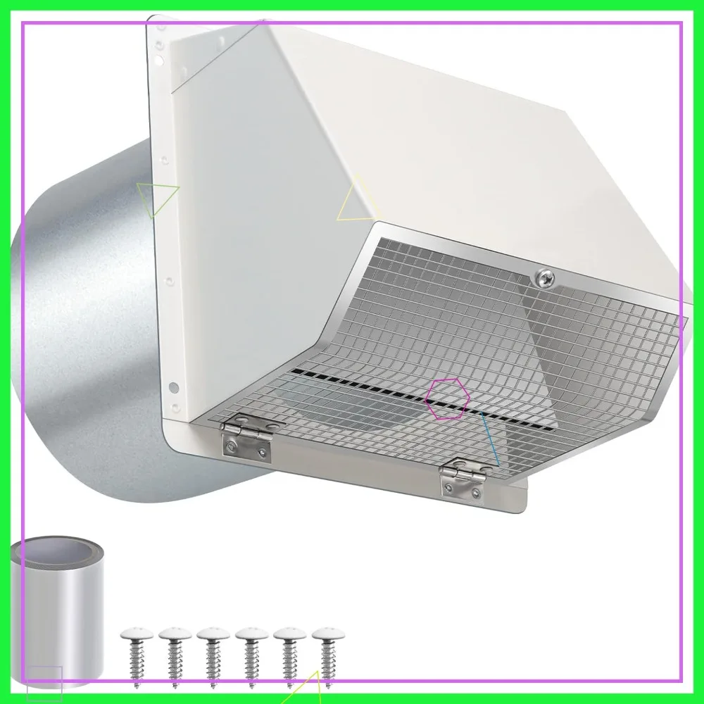 

8 Inch Wall Vent with Screen & Damper, Galvanized Steel White Exhaust Cover for Kitchen, Dryer, HVAC