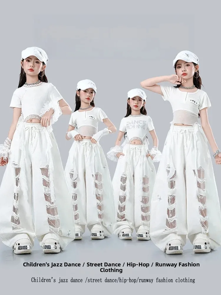 Girls Street Dance Trendy Outfit Child Belly Show Performance Costume Modern Jazz Style Hip Hop Practice Set Summer