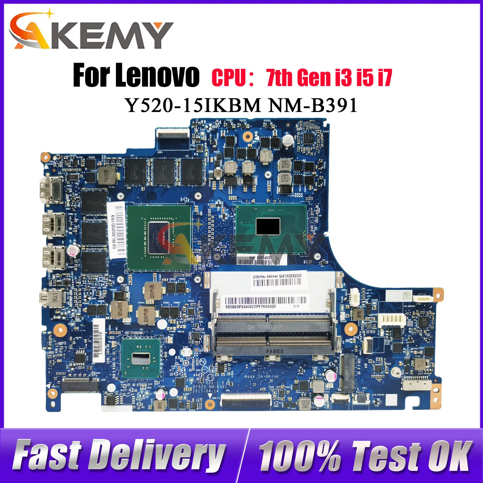 

For Lenovo Legion Y520-15IKBM NM-B391 Laptop Motherboard with i5 i7 CPU GTX1060 3G/6G GPU 100% Tested OK