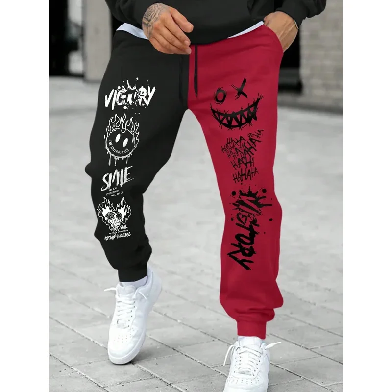 

Мужские брюки для отдыха с мультяшным лицом и буквенным принтом, уличная одежда для бега, дышащая удобная модная одежда с цветными блоками