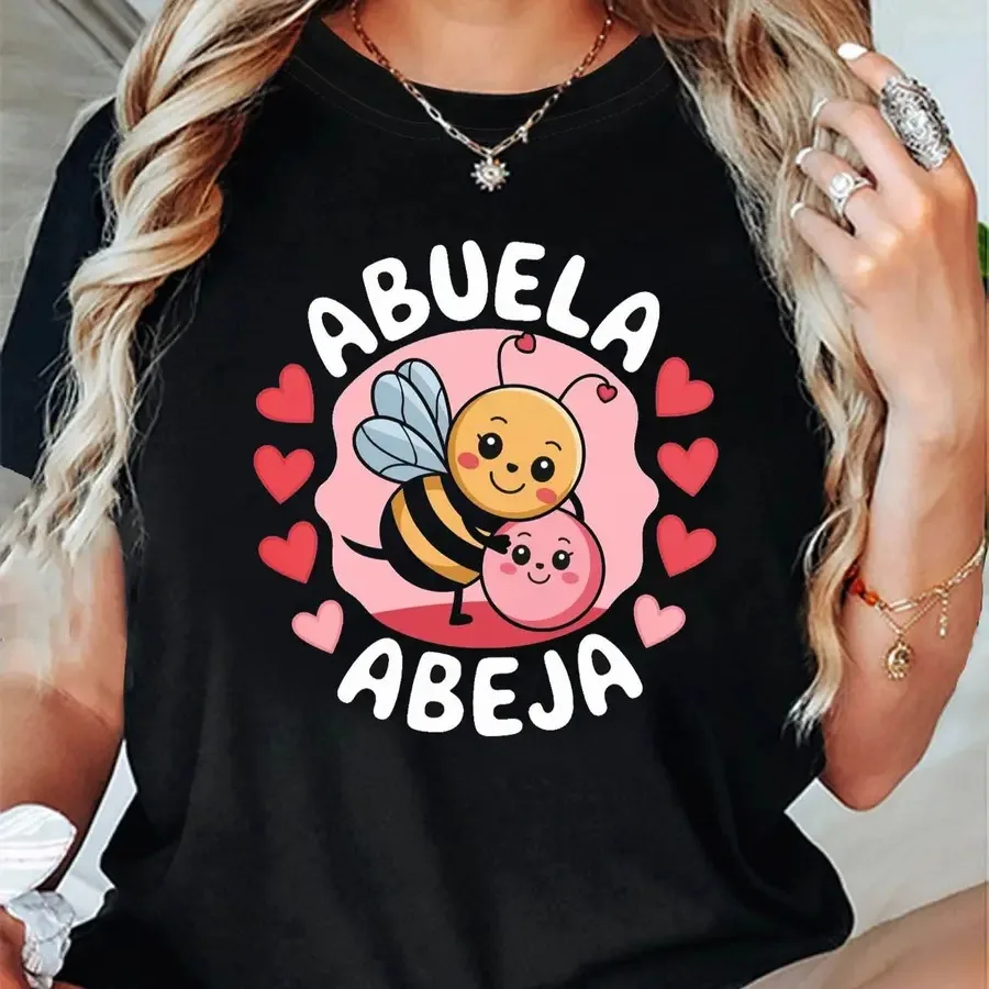 Camiseta de manga corta con cuello redondo y estampado de abuela abeja en español para mujer, para salidas informales y regalos navideños