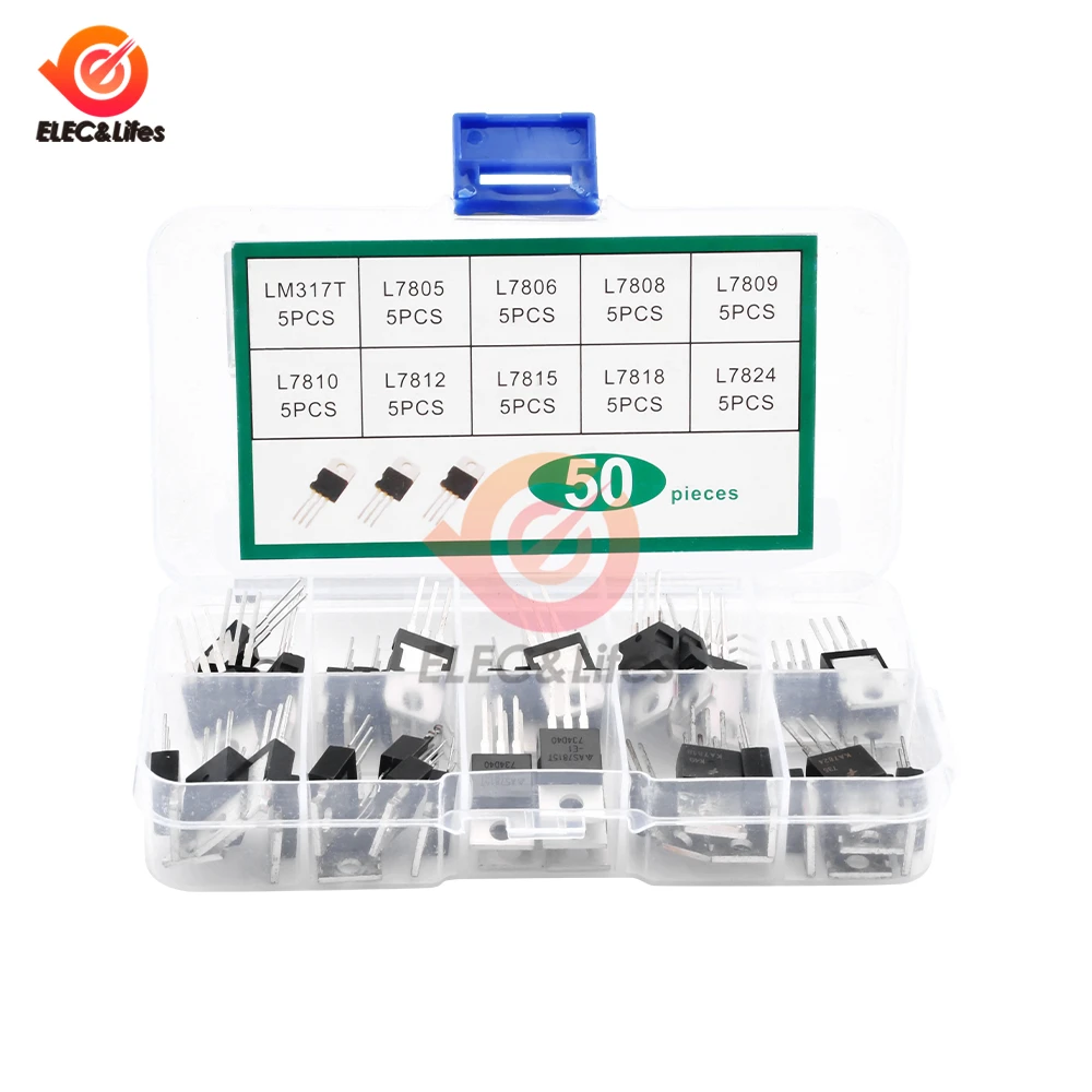 LM317T L7805 L7806 L7808 L7809 L7810 L7812 L7815 L7818 L7824 Transistor Assortment Kit 10value*5pcs 50PCS Voltage Regulator Box