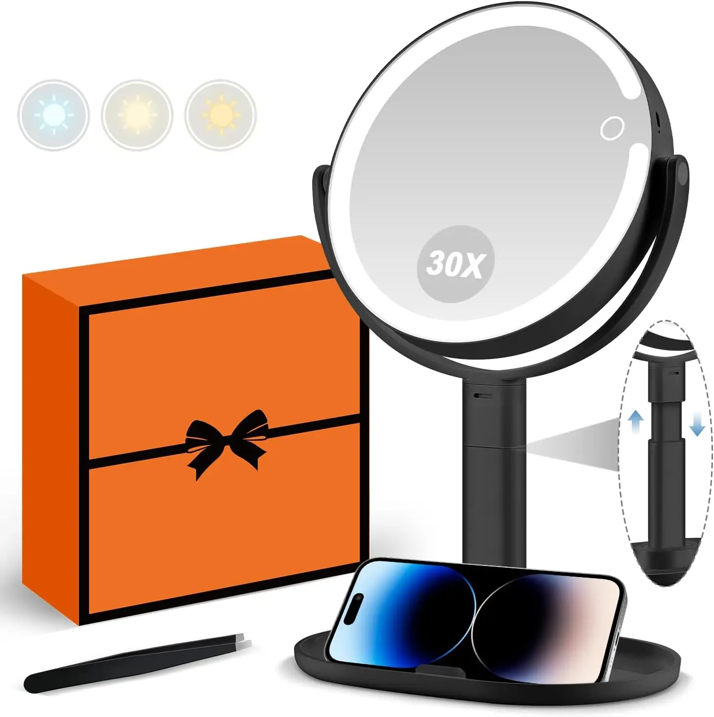 

30X Magnifying Mirror with Light, Touch Switch, 3 Color Modes & 80 LEDs, Height Adjustable Desk Vanity Mirror in Black