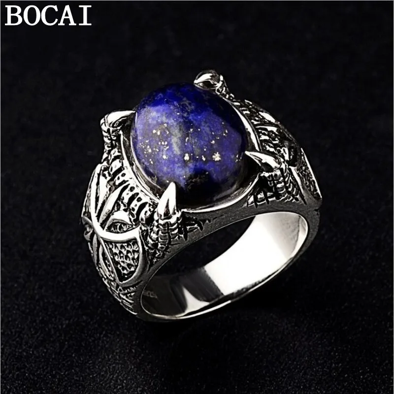 BOCA New Fashion Natural Lapis Lazuli Men's Ring 100% Pure S925 Silver Simple Personality Domineering Male Ring Trendy