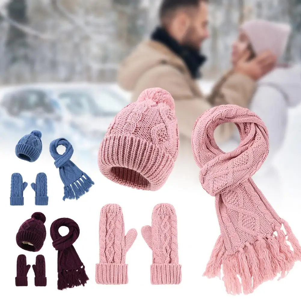 Elastic Knit Beanie Scarf Gloves Women's Winter Hat Scarf Gloves Set Thick Knitted Heat Retention Tassel Decor Windproof Outdoor