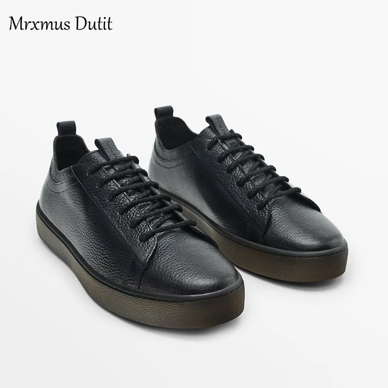 Mrxmus Dutit men\'s shoes 2023 New leather platform skate shoes Comfortable round head lace-up flat casual sneakers