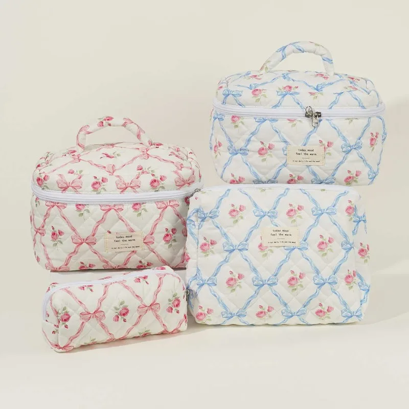 

Дорожная косметичка с розовым и синим бантом и молнией, сумка для туалетных принадлежностей из хлопчатобумажной ткани, органайзер для макияжа, сумка для хранения для женщин и девочек