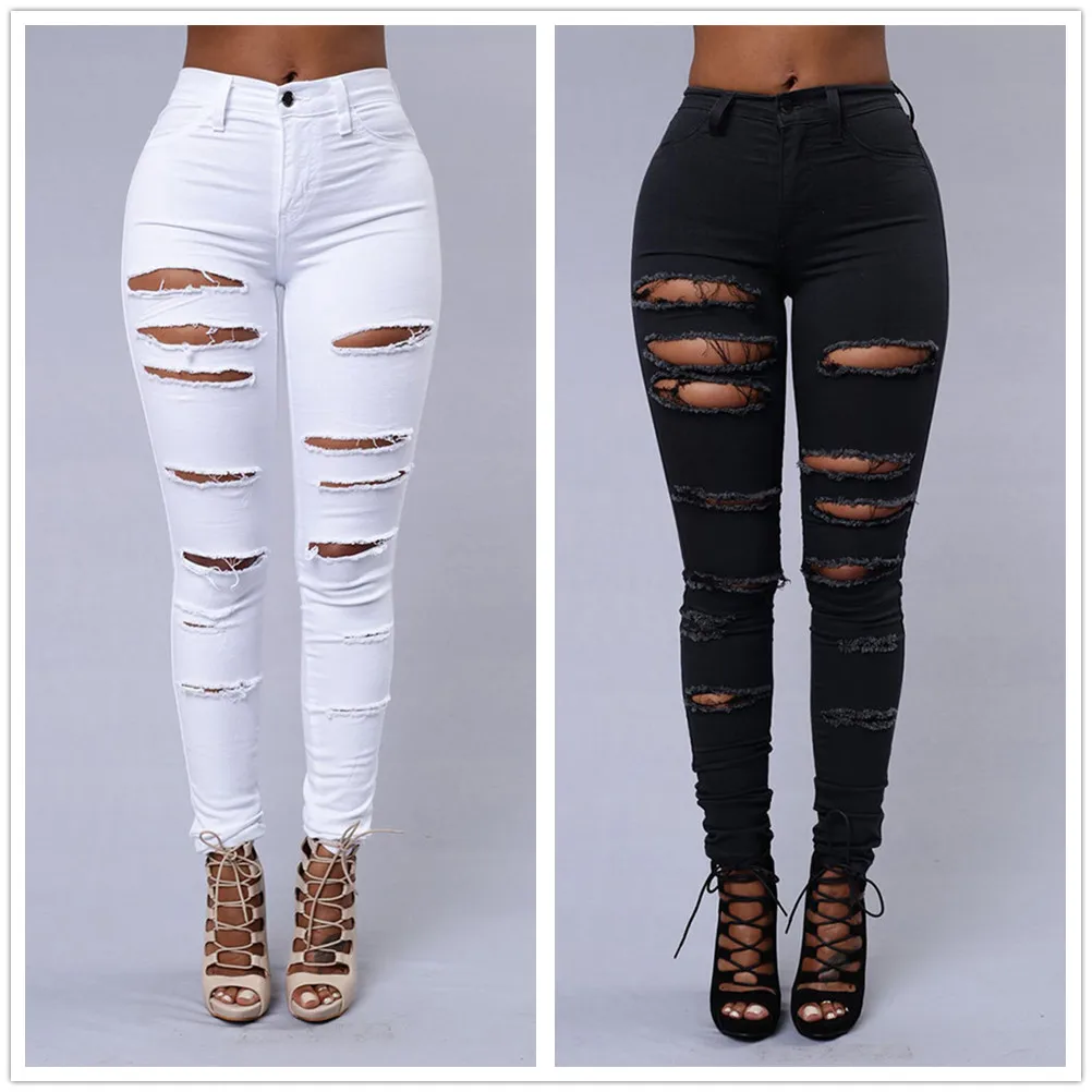 

New Spring Summer Elastic Trousers Black and White Ripped Jeans Fashion Sexy Skinny Denim Pencil Pants S-3XL Drop Shipping