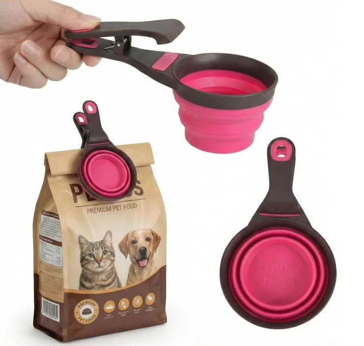 Collapsible Pet Food Scoop with Sealing Clip, Dog Cat Feeding Spoon, Reusable Food Bag Clamp, Pet Feeding Supplies