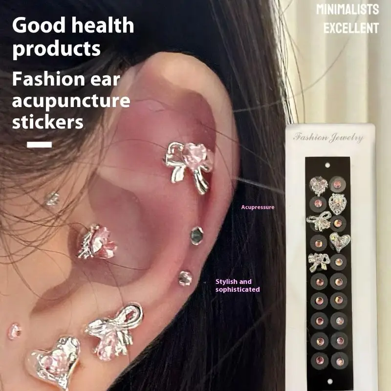 20pcs/Sheet Fashion Heart Bow Rhinestone Ear Point Stickers Ear Pressure Stick Acupuncture Auricular Ear Stickers Massage