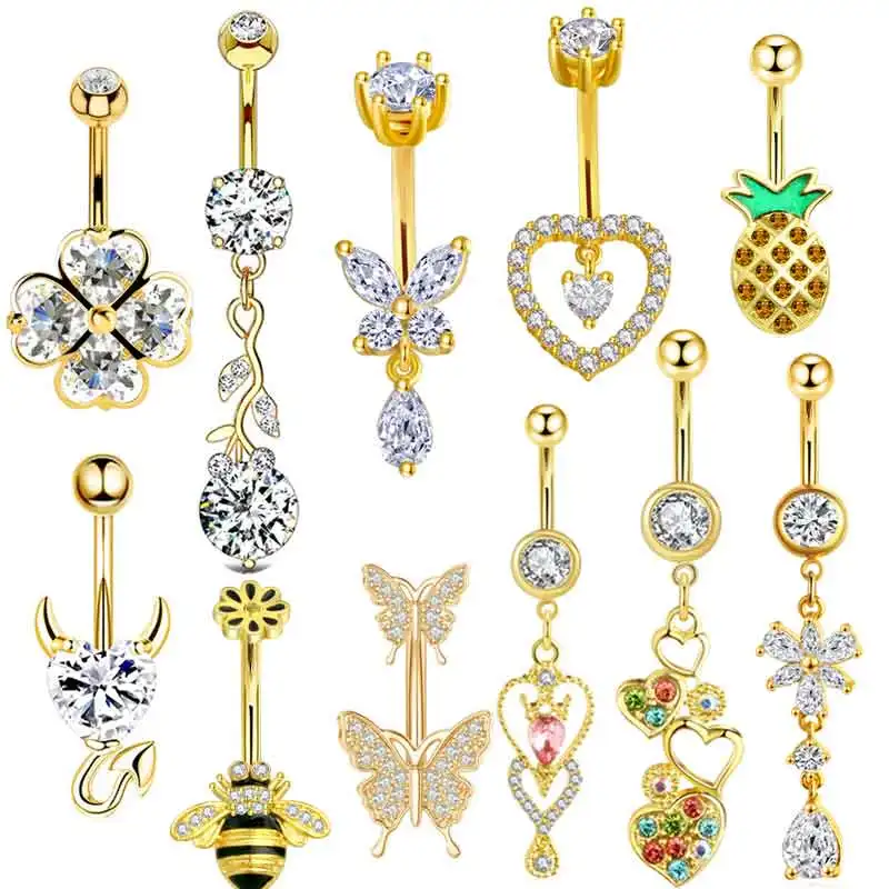 

Wholesales Gold Color Stainless Steel Belly Button Ring CZ Zircon Flower Butterfly Cross Heart 14G 10mm Barbell Navel Piercing