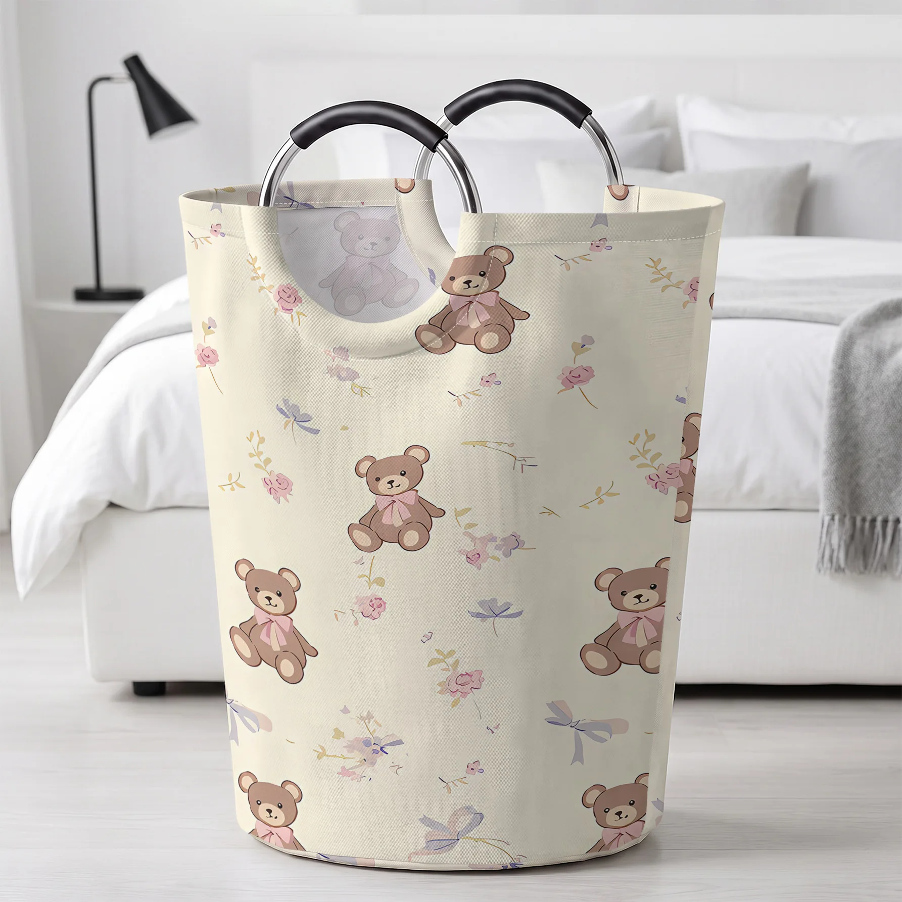 Teddy Bear With Floral Bow All‑Over Print Handheld Storage Basket, For Laundry, Bedroom & Home Sundries Storage