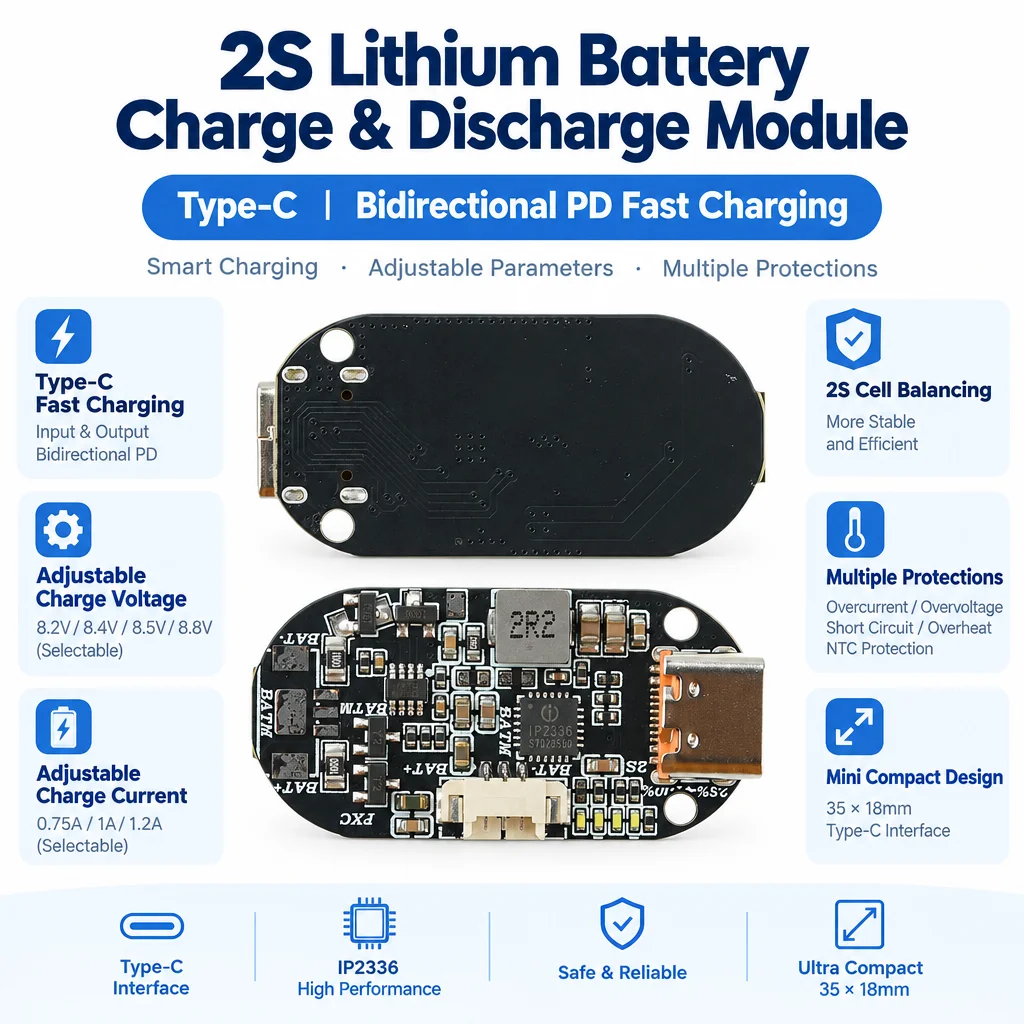 2S Lithium Battery Charge/Discharge Module IP2336 Type-C Bidirectional PD Fast Charge Adjustable Voltage Current Multi-Protect