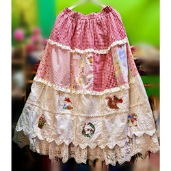 Women Vintage Patchwork Ruffled Lace Cotton Midi Skirt Retro Rococo Cottage Core Goblincore Sweet Mori Girl Lolita Long Skirt